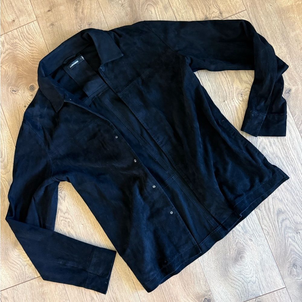 J.lindeberg S men’s button up black goat skin leather suede collared over shirt